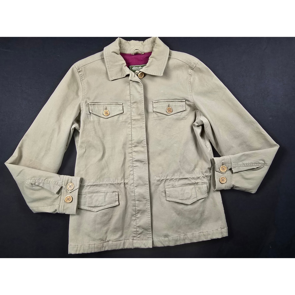 Eddie Bauer Womens Khaki Tan Utility Field Jacket Magenta Lining Size Large L